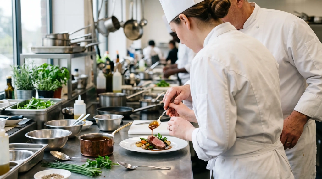 Cuisinier en formation cuisine courte dressant une sauce au plan de travail