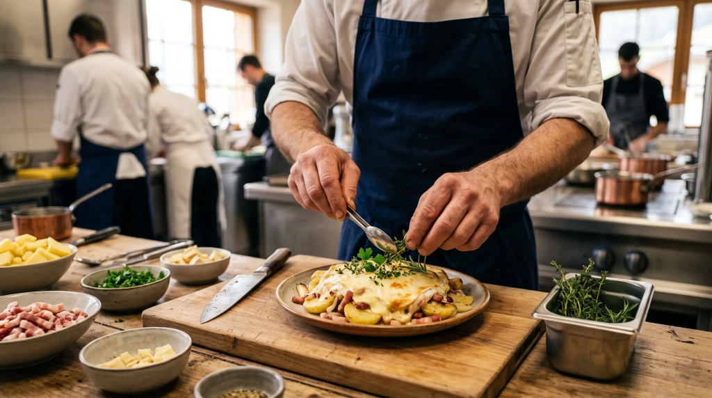 Chef préparant un plat régional lors d’une formation cuisine en Savoie