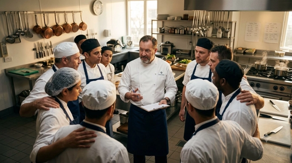 Une brigade de cuisine réunie autour du chef pour un point d'échange avant le service