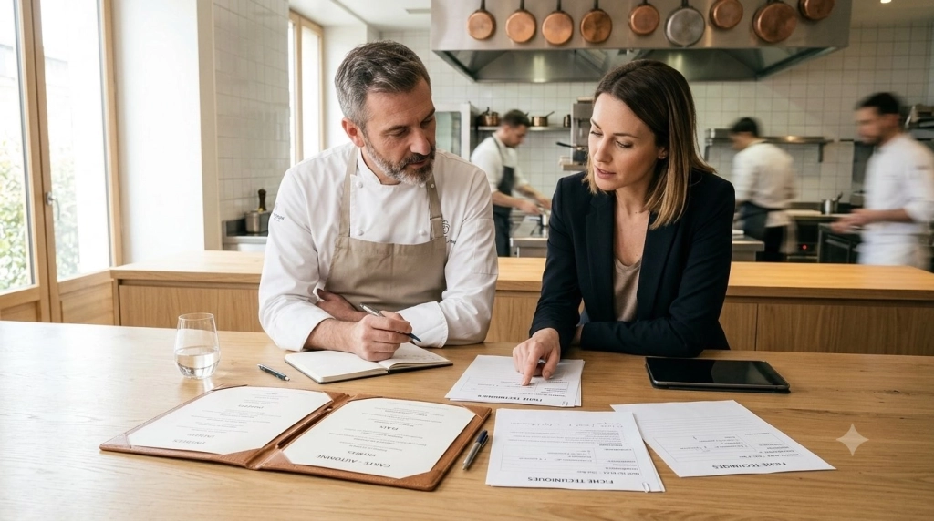 Un chef et un responsable de salle penchés sur une carte de restaurant